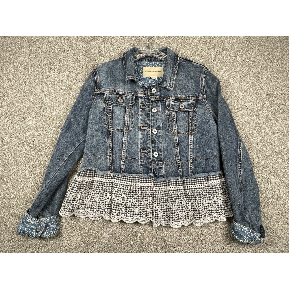 ANTHROPOLOGIE Pilcro Eyelet Button Front Gingham Ruffle Denim Jacket Sz Medium
